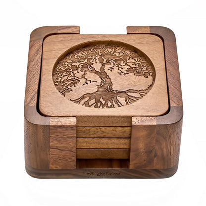 Walnut Coasters Set of 4 with Holder Wooden Coasters Coasters with Holder Table Coasters Coffee Coasters Coasters Cup Coasters for Table Wood Coasters for Drinks Brown Coasters Square Coasters