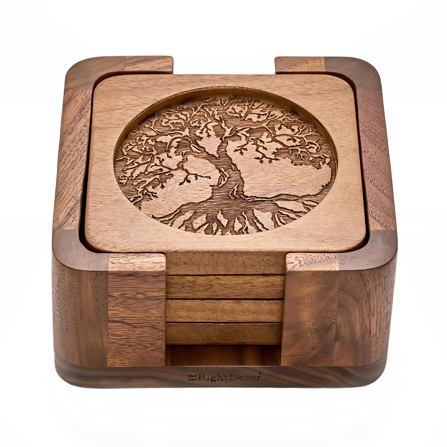 Walnut Coasters Set of 4 with Holder Wooden Coasters Coasters with Holder Table Coasters Coffee Coasters Coasters Cup Coasters for Table Wood Coasters for Drinks Brown Coasters Square Coasters